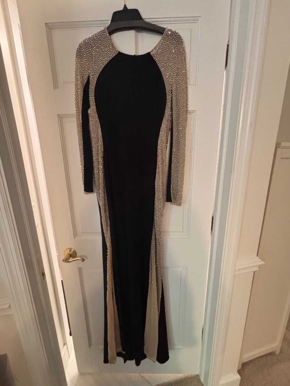 Formal, full length, black and beaded dress
